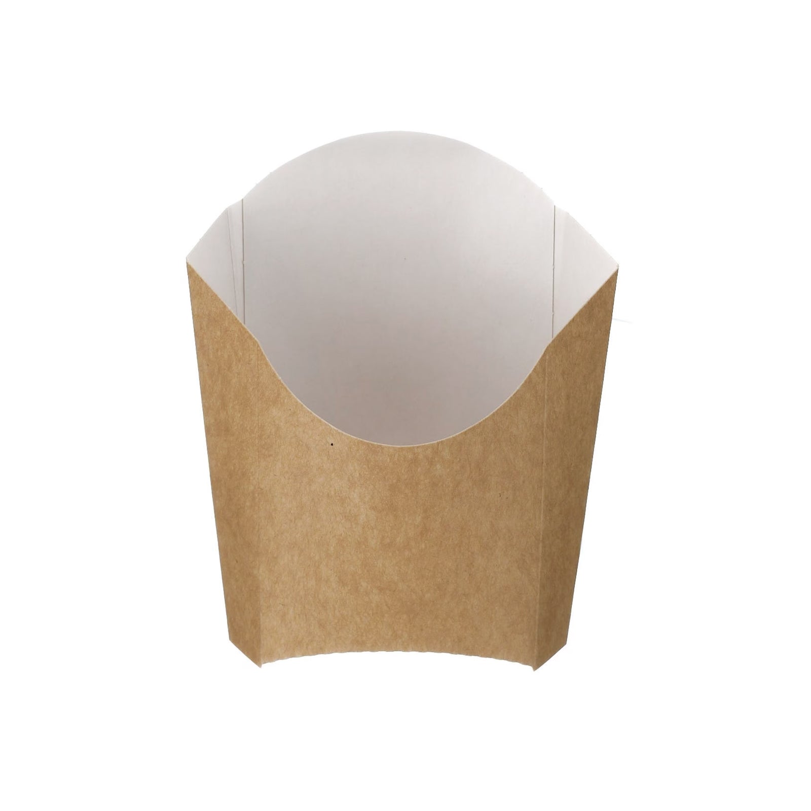 Packaging Wise 55 x 135 x 130 mm kraft chip scoop — eco-friendly fry holder perfect for serving chips, fries, or finger foods at takeaway and food trucks.