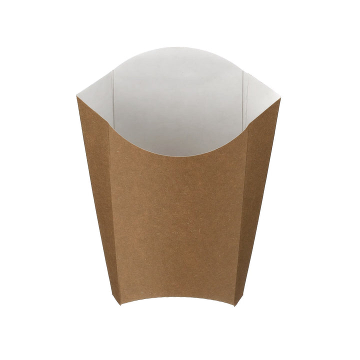 Packaging Wise 55 x 135 x 155 mm kraft chip scoop — large, eco-friendly fry holder ideal for serving chips, fries, or other snacks in takeaway and street food settings.
