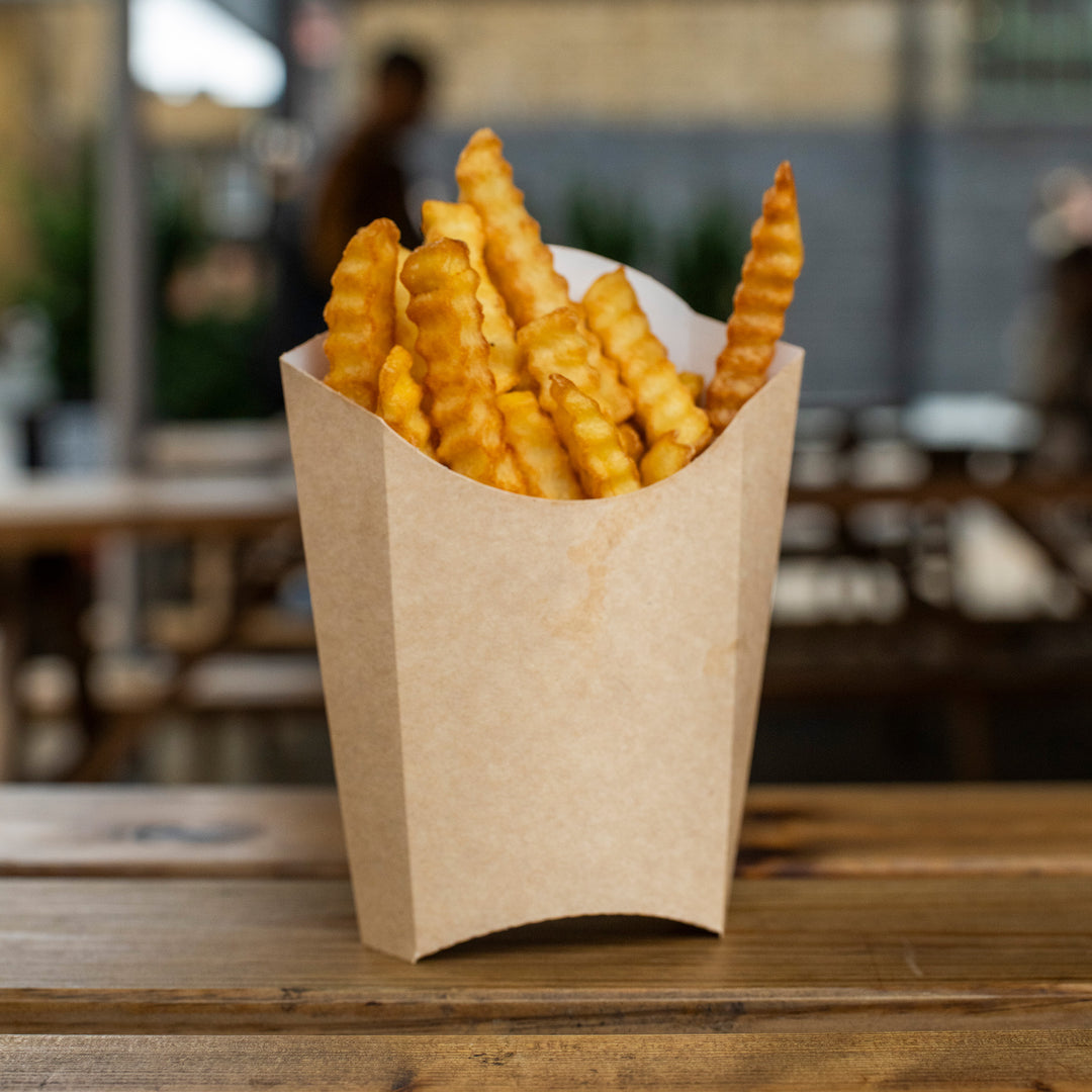 Packaging Wise 55×135×155mm kraft chip scoop fry holder — large eco-friendly container for crispy fries, perfect for takeaway and street food service.