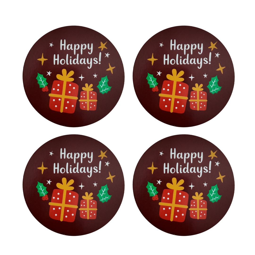 Packaging Wise 6 cm round “Happy Holidays” sticker featuring gift boxes and stars — charming festive label perfect for holiday packaging, wrapping, and sealing.
