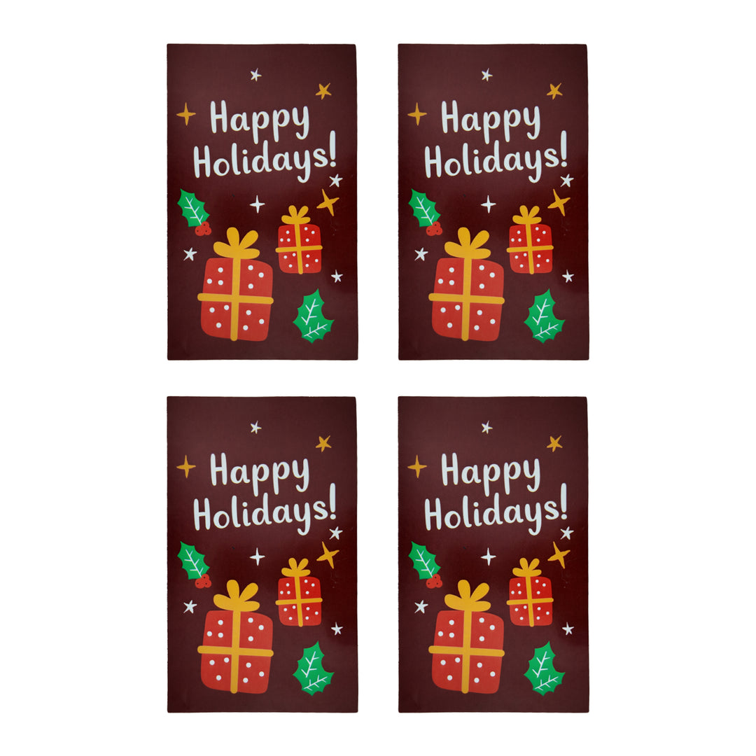 Packaging Wise 6×10 cm rectangular “Happy Holidays” sticker featuring gift boxes and stars — festive and elegant label for holiday gift packaging and seasonal branding.
