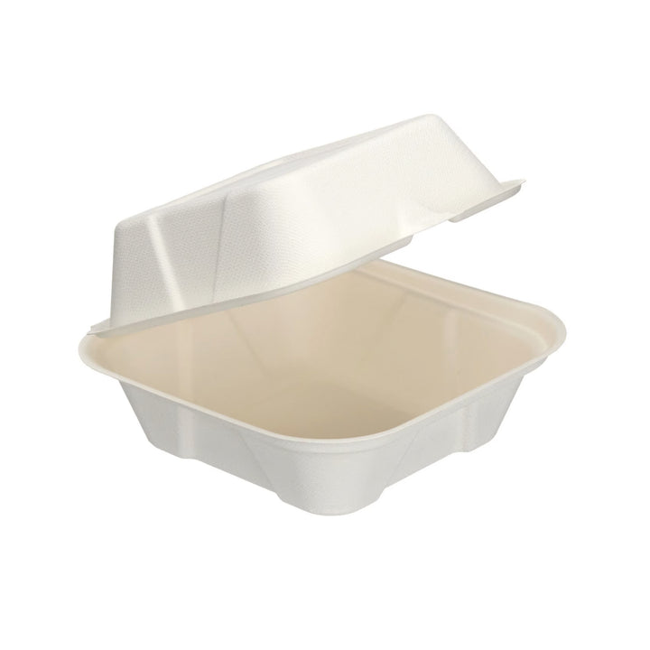 Packaging Wise 6x6 inch bagasse food box with hinged lid — eco-friendly compostable container ideal for takeaway meals, burgers, salads, or sides; pack of 500.

