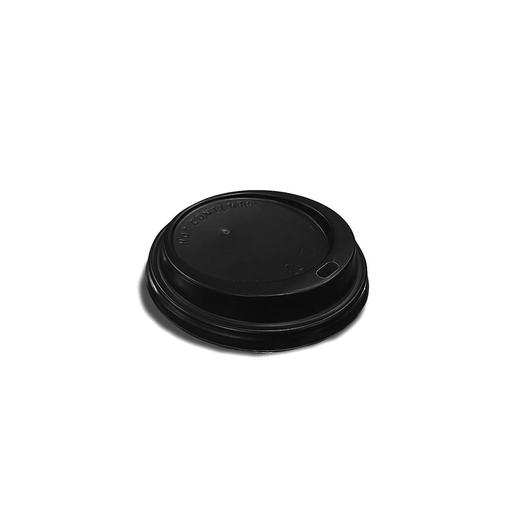 Packaging Wise 8 oz black coffee cup lid made from splash-resistant polypropylene — perfect fit for takeaway beverages and travel mugs.
