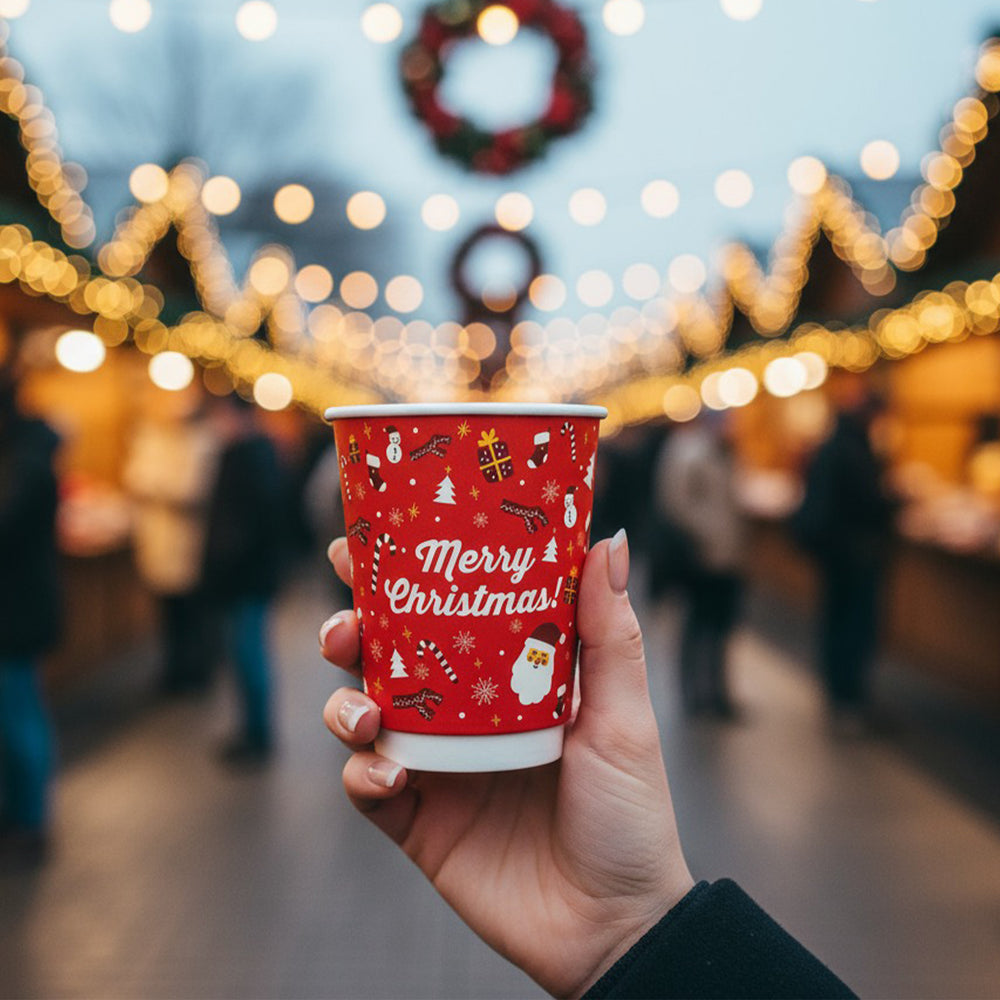 Packaging Wise 8oz Christmas double wall hot cup — festive insulated cup for warm winter beverages, perfect for Christmas markets and seasonal takeaway drinks.
