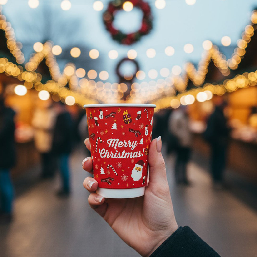 Packaging Wise 8oz Christmas double wall hot cup — festive insulated cup for warm winter beverages, perfect for Christmas markets and seasonal takeaway drinks.