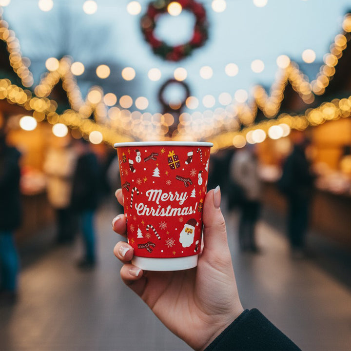 Packaging Wise 8oz Christmas double wall hot cup — festive insulated cup for warm winter beverages, perfect for Christmas markets and seasonal takeaway drinks.