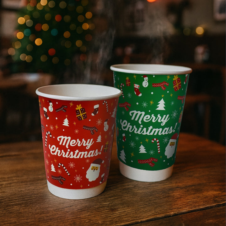Packaging Wise 8oz Christmas double wall hot cup — colourful holiday cup design to enhance hot drink presentation, ideal for cafés boosting seasonal drink sales.
