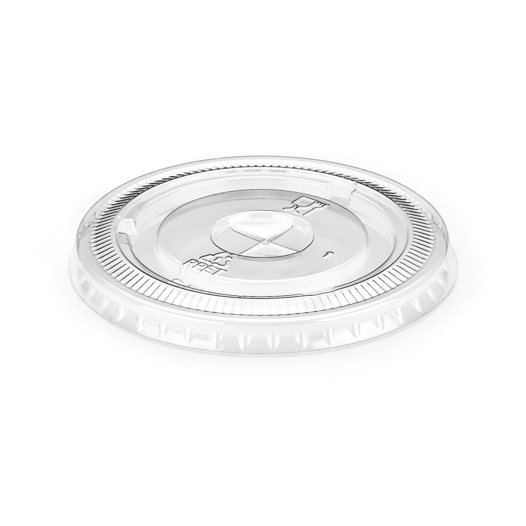 Packaging Wise 9 oz RPET flat cup lid — clear, recyclable lid designed to securely fit cold drink cups, ideal for takeaway and on-the-go beverages.
