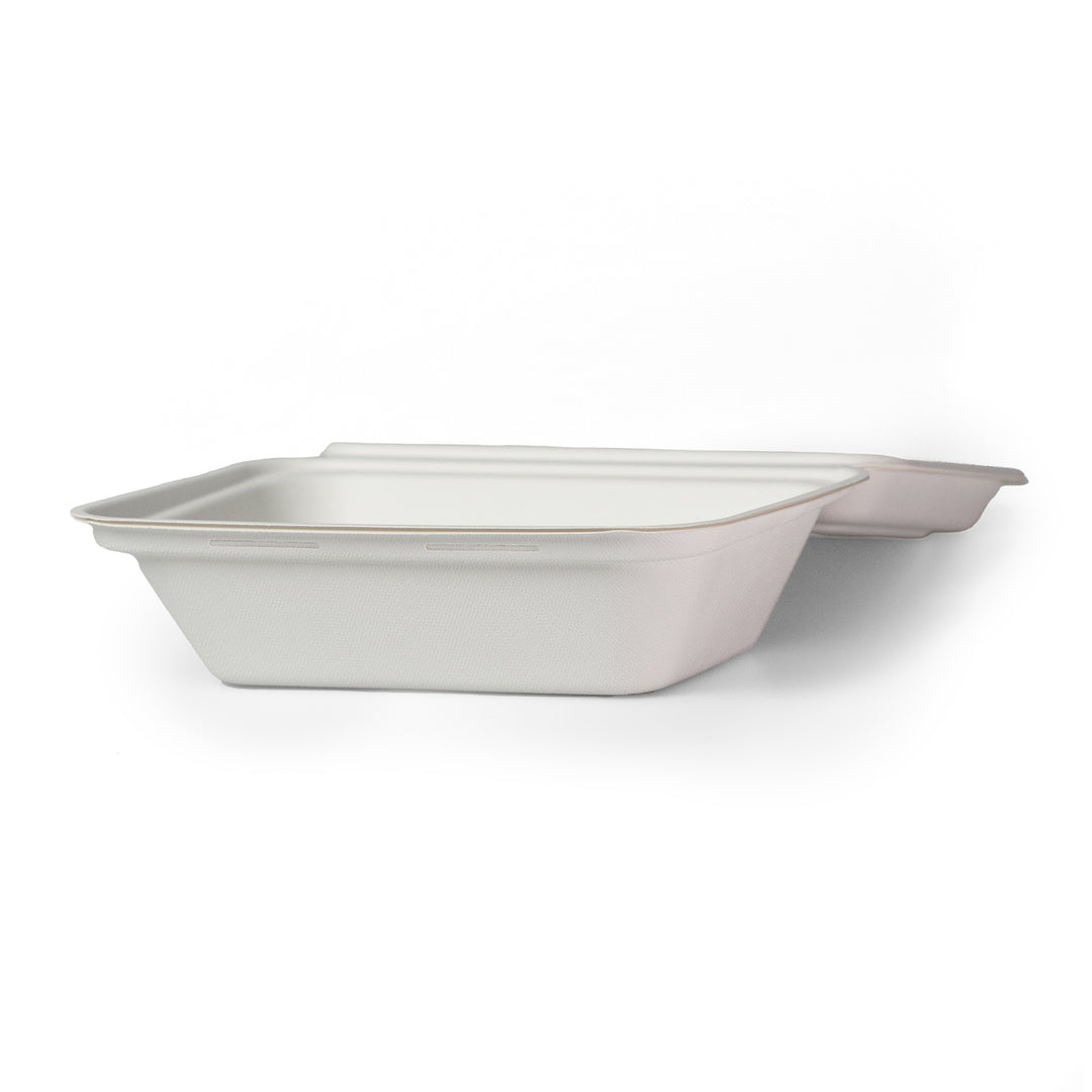 Packaging Wise 7x5 bagesse food box open view — sturdy white design, sold as 1 pack of 500 pieces. Perfect for serving hot meals and takeaway dishes securely and stylishly. Order now!
