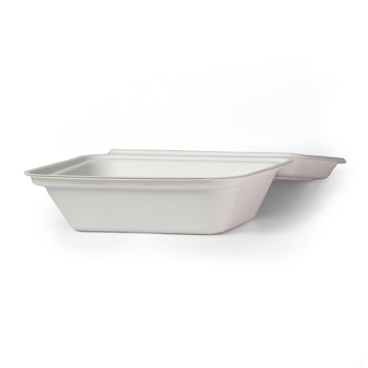 Packaging Wise 7x5 bagesse food box open view — sturdy white design, sold as 1 pack of 500 pieces. Perfect for serving hot meals and takeaway dishes securely and stylishly. Order now!

