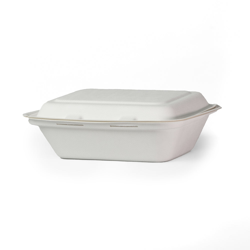 Packaging Wise 7x5 bagesse food box closed view — strong, eco-friendly white design, sold as 1 pack of 500 pieces. Ideal for transporting meals safely while maintaining freshness. Order now!
