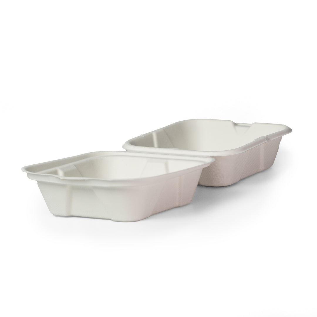Packaging Wise 8x8 bagesse food box open view — roomy, white design, sold as 1 pack of 200 pieces. Perfect for serving large meals, burgers, and takeaways with a clean, eco-friendly touch. Order now!
