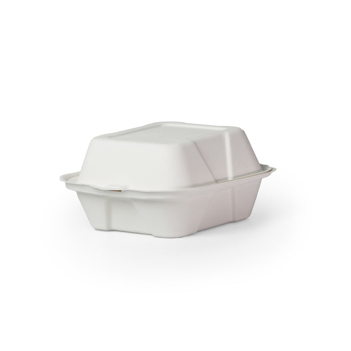 Packaging Wise 8x8 bagesse food box closed view — strong, white eco-friendly design, sold as 1 pack of 200 pieces. Ideal for transporting meals securely and maintaining freshness. Order now!

