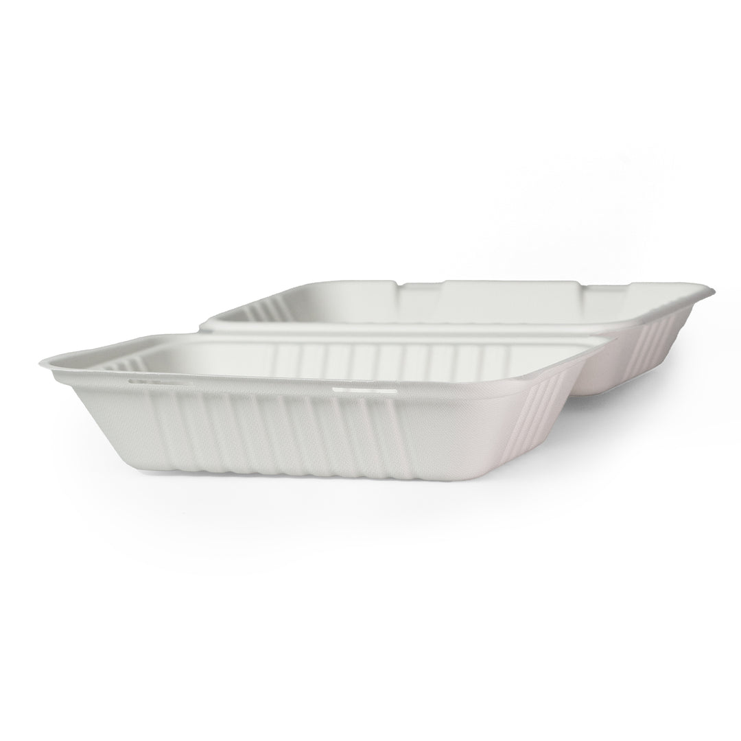 Packaging Wise 9x6 bagesse food box open view — spacious white design, sold as 1 pack of 250 pieces. Perfect for serving hearty meals and takeaways with a clean, eco-friendly look. Order now!
