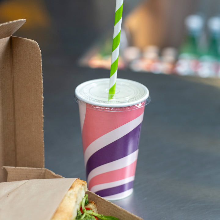 Packaging Wise 16oz patterned cold drink cup with flat lid — colourful takeaway cup ideal for iced coffee, smoothies and cold beverages.