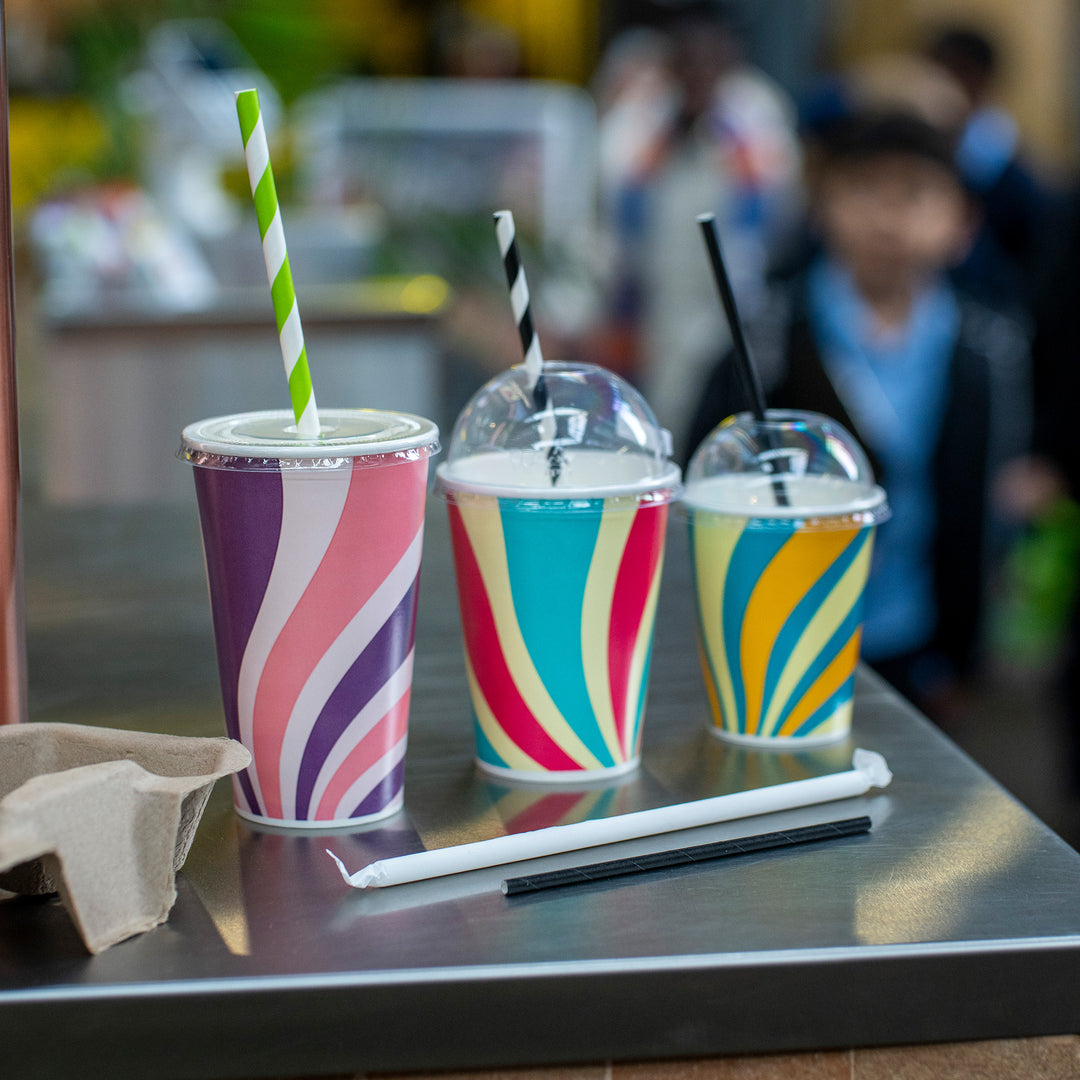 Packaging Wise 9oz patterned cold cup — colourful takeaway cup for iced drinks and shakes, ideal for cafés and street beverage counters with dome or flat lid pairing.