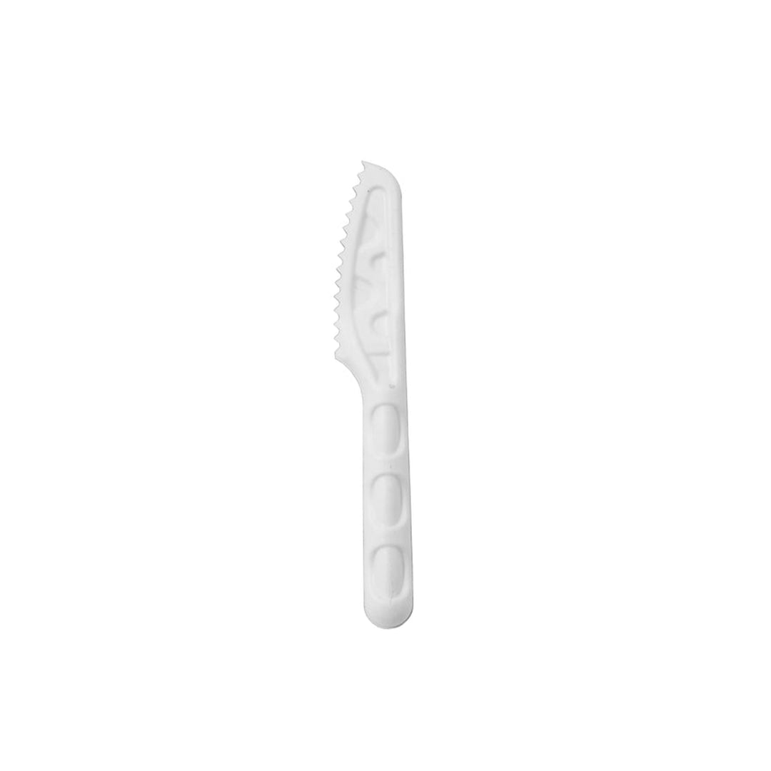 Packaging Wise compostable sugarcane knife – white eco cutlery crafted from natural sugarcane fiber, offering strength and sustainability for eco-conscious foodservice.