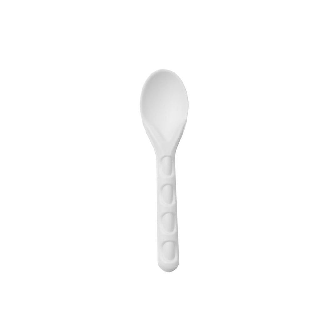 Packaging Wise compostable sugarcane spoon – white eco-friendly cutlery made from plant-based material, perfect for sustainable dining and takeaway packaging.
