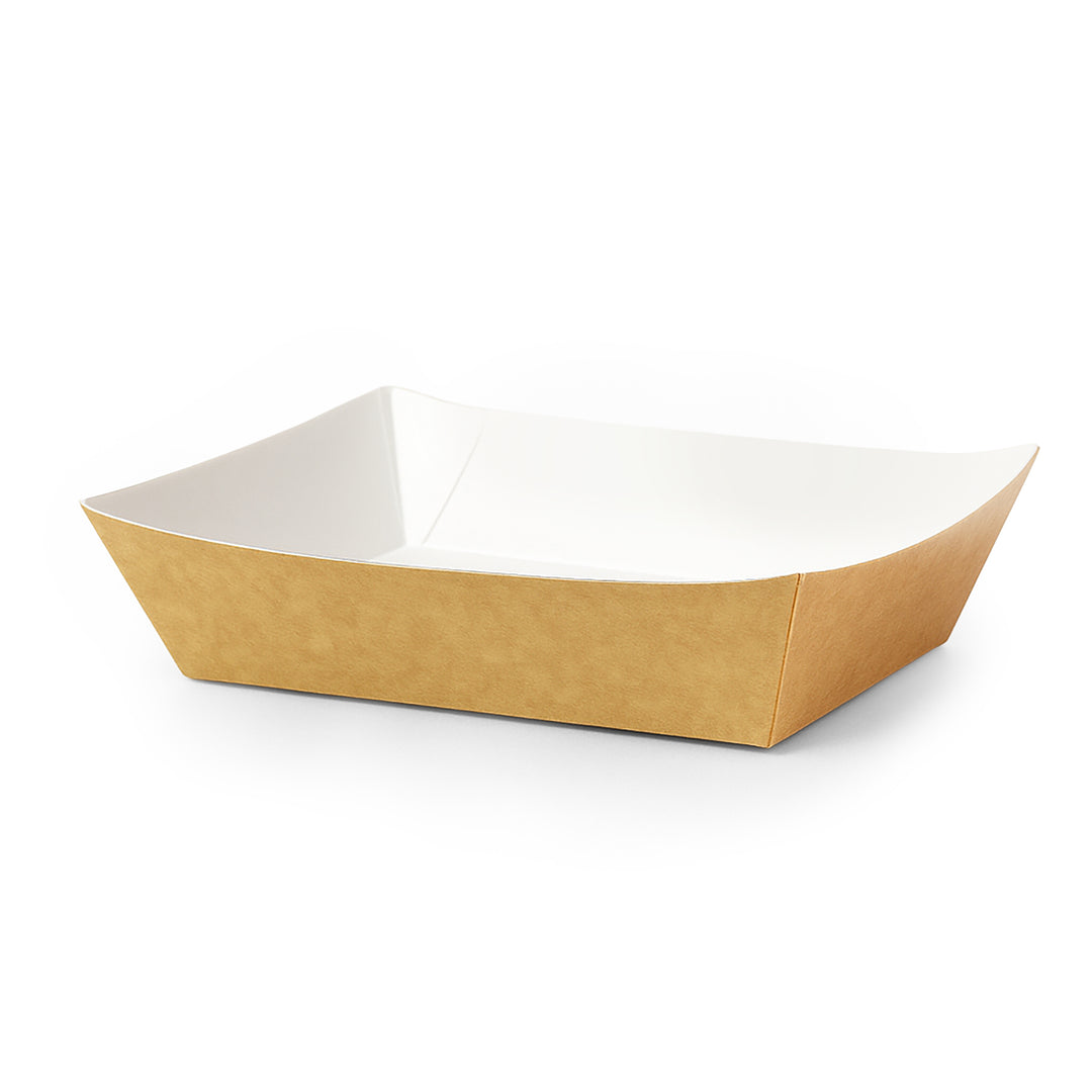 Packaging Wise kraft food tray 165x155x40mm — eco-friendly, sturdy, grease-resistant serving tray ideal for fries, burgers, and street food, pack of 500.
