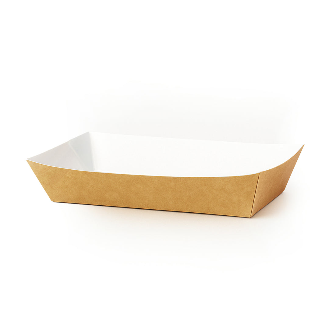 Packaging Wise 240x175x55mm food tray — spacious, sturdy kraft and white design, sold as 1 pack of 500 pieces. Perfect for serving large meals, combos, and shared platters at events or takeaways. Order now!
