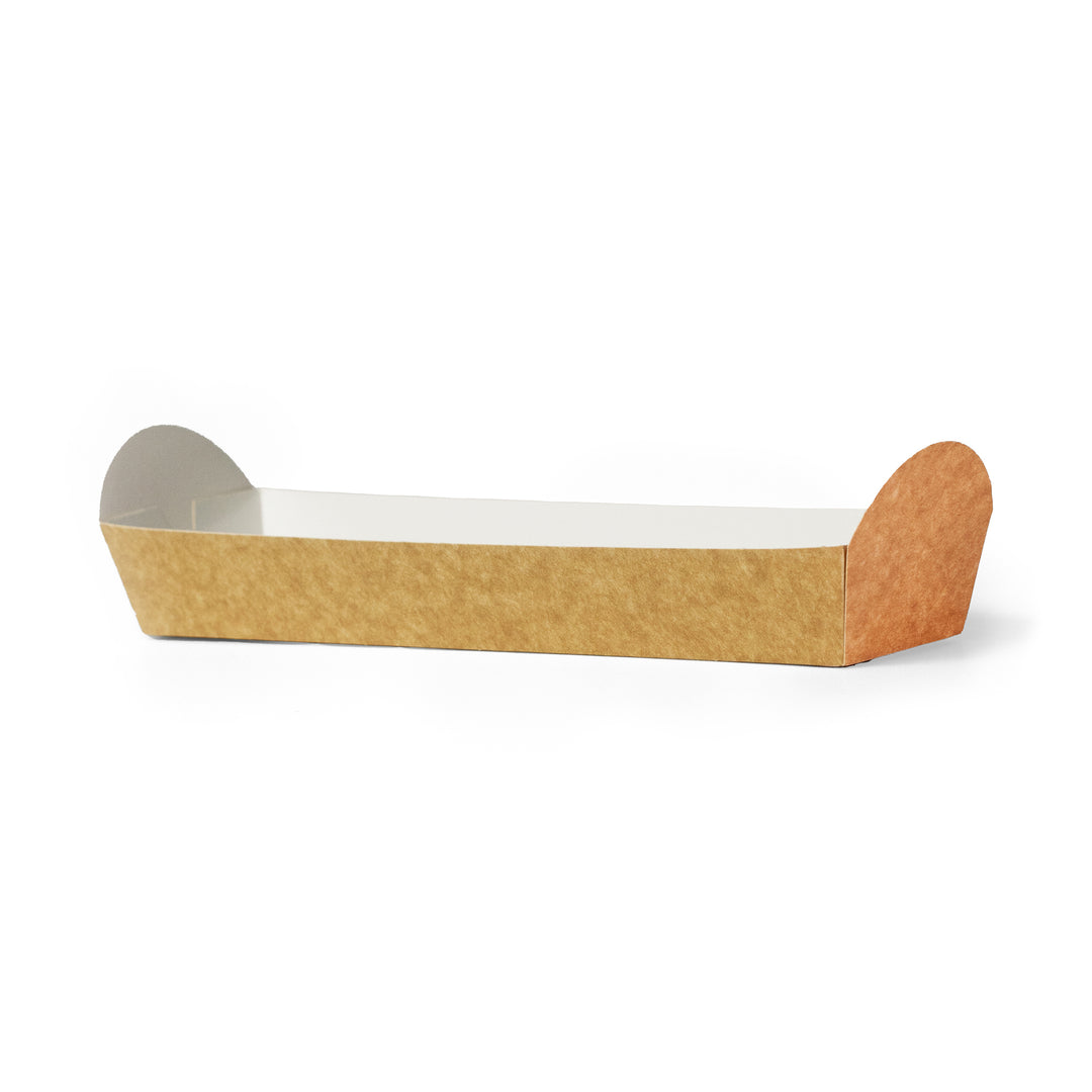 Packaging Wise kraft food tray 275x105x62mm — long, eco-friendly tray ideal for hot dogs, churros, and snacks, grease-resistant, pack of 500.
