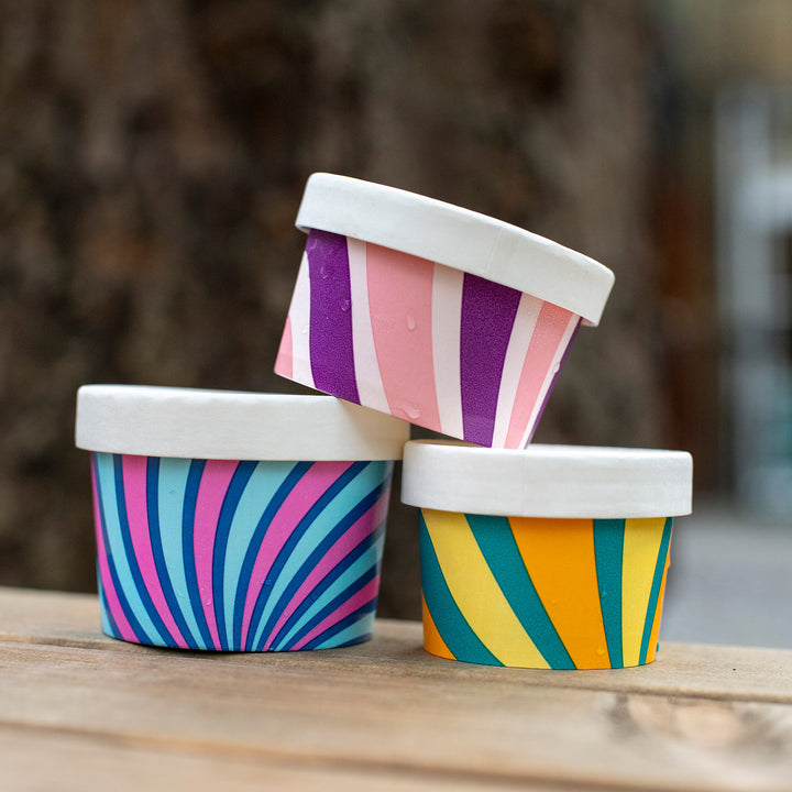 Packaging Wise 4oz patterned ice cream tubs with dome lids — colourful presentation for premium ice cream & frozen treats, ideal to boost visual appeal at events & shops.