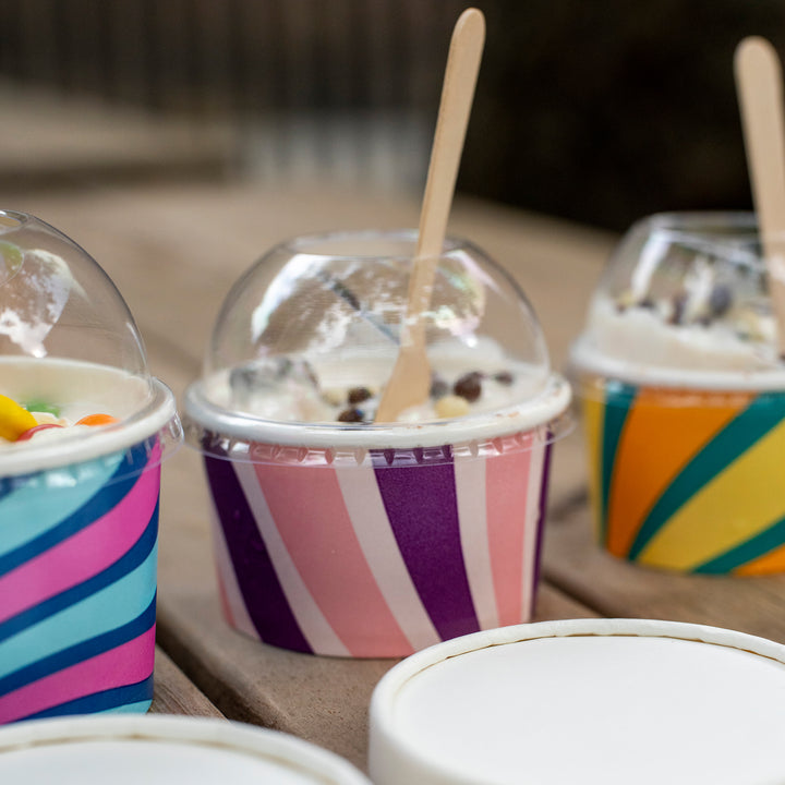 Packaging Wise 6oz patterned ice cream tub with dome lid — colourful, high-impact design for premium gelato & frozen yogurt presentation, ideal to boost impulse sales at dessert counters.