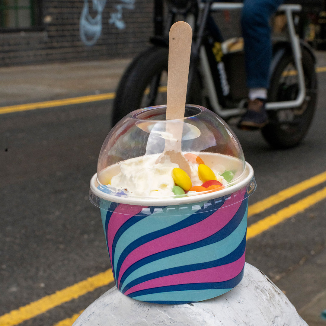Packaging Wise 8oz patterned ice cream tub with dome lid — vibrant swirl colours for premium frozen treat presentation, ideal for on-the-go dessert service & higher impulse conversions.