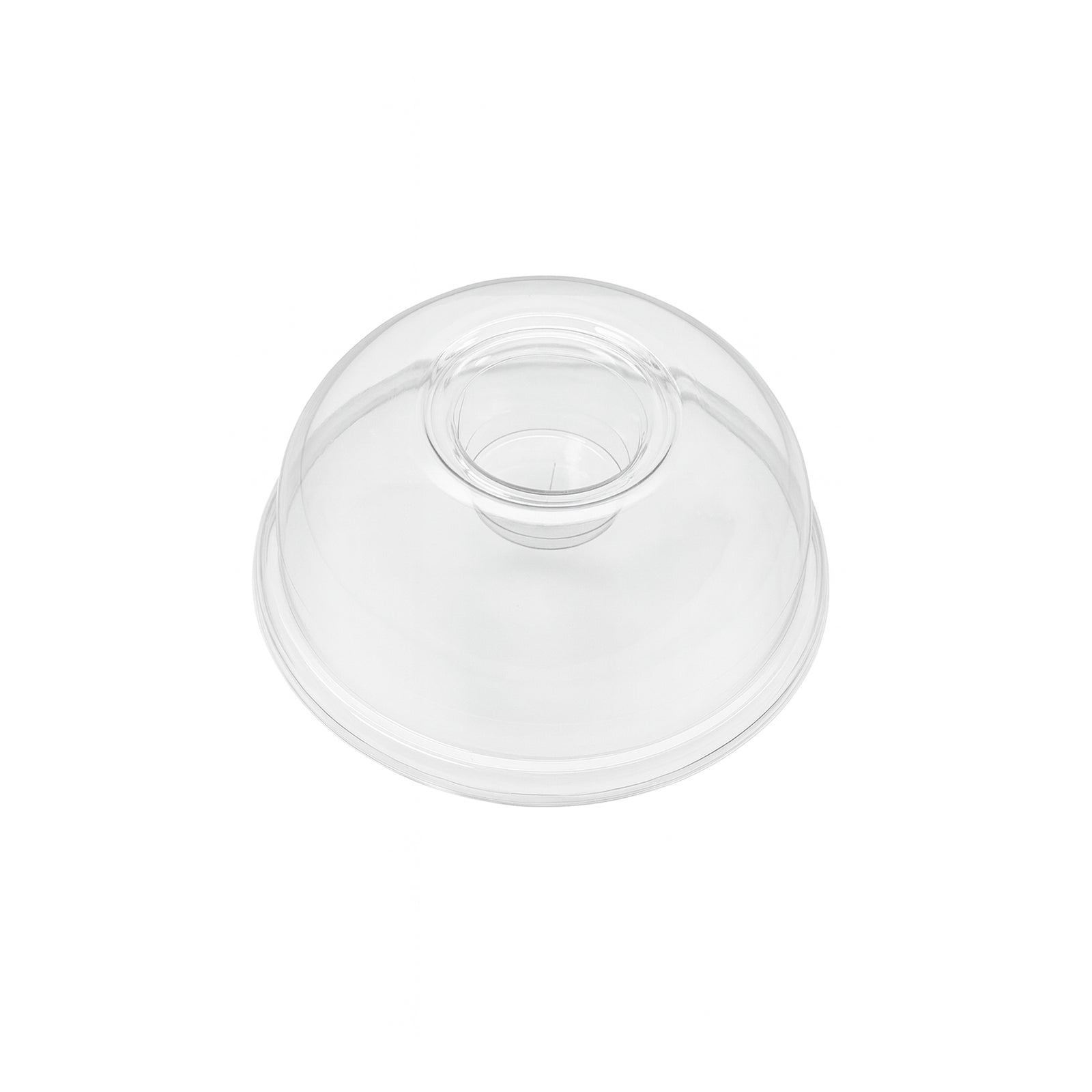 Packaging Wise RPET dome cup lid with hole and cross cut — crystal-clear dome design ensures secure fit for 12–24oz cups, ideal for straws and dome-topped drinks.