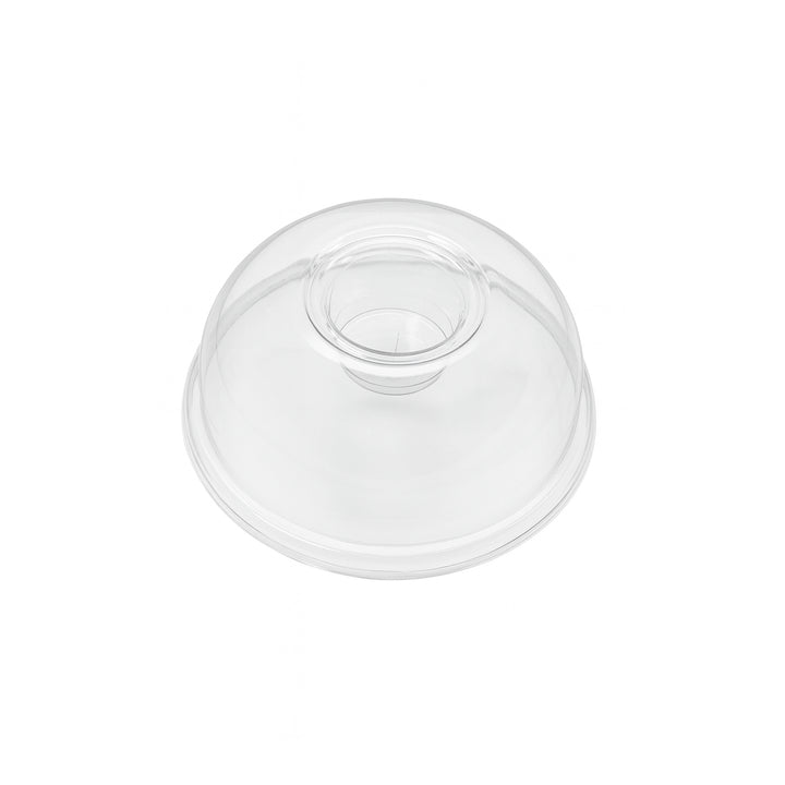 Packaging Wise RPET dome cup lid with hole and cross cut — crystal-clear dome design ensures secure fit for 12–24oz cups, ideal for straws and dome-topped drinks.
