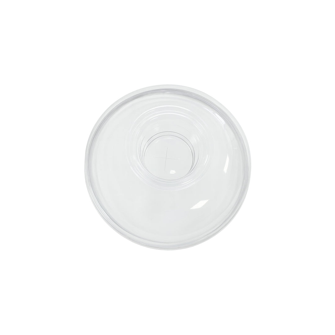 Top view of Packaging Wise RPET dome lid with straw hole and cross cut — versatile, eco-friendly lid suitable for smoothies, iced coffees, and cold beverages.