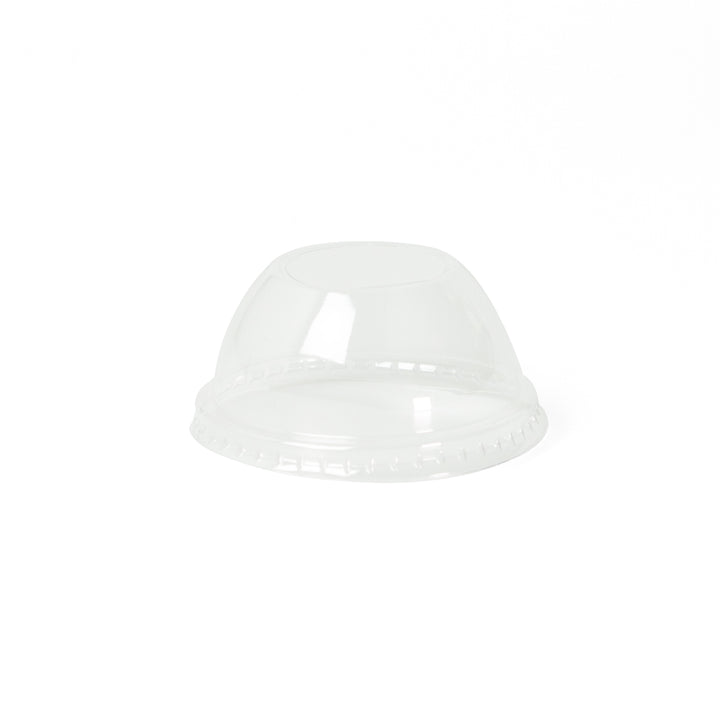 Packaging Wise 4 oz clear RPET dome lid — recyclable plastic lid perfect for small dessert or sauce cups, ensuring secure fit and excellent product visibility, pack of 1000.
