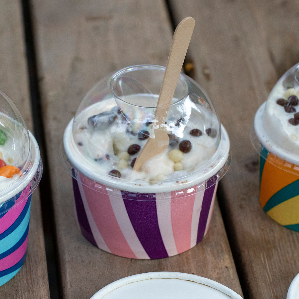 Packaging Wise 6oz clear RPET dome lid — transparent, strong-fit dome for 6oz tubs, perfect for premium dessert presentation and impulse-boosting visual appeal.