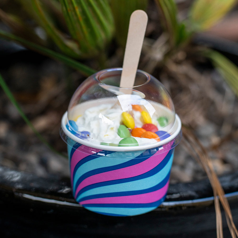 Packaging Wise 8oz clear RPET dome lid — transparent, durable dome for 8oz dessert tubs, ideal for showcasing toppings and boosting takeaway presentation.