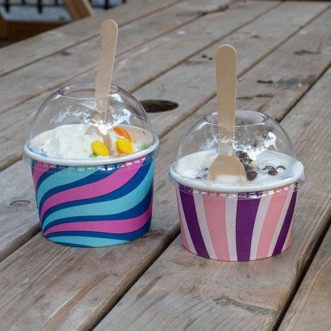 Packaging Wise 8oz clear RPET dome lid — recyclable clear lid solution for 8oz frozen desserts, offering secure sealing & premium visibility for cafés and event service.