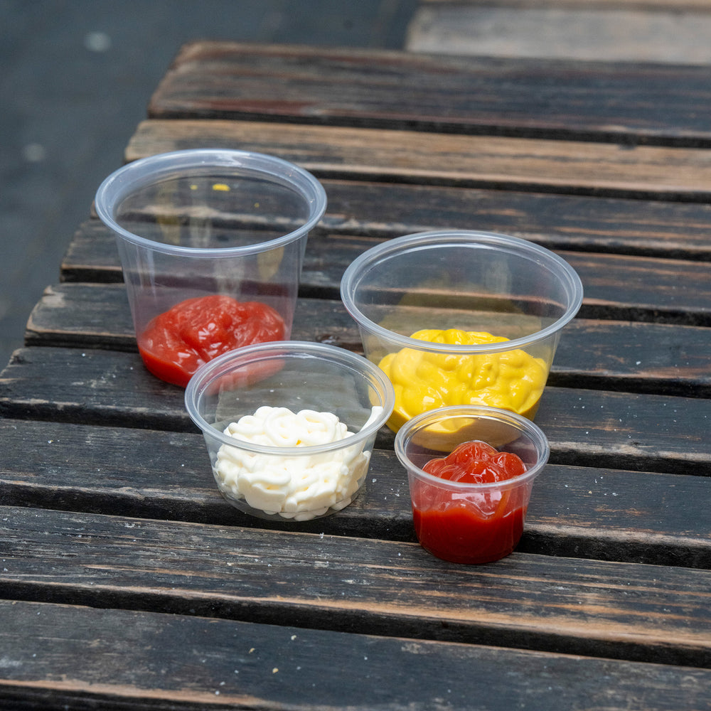 Packaging Wise 4oz clear PET sauce pot — suitable for mustard, mayo or ketchup portion serving at cafés & takeaways.