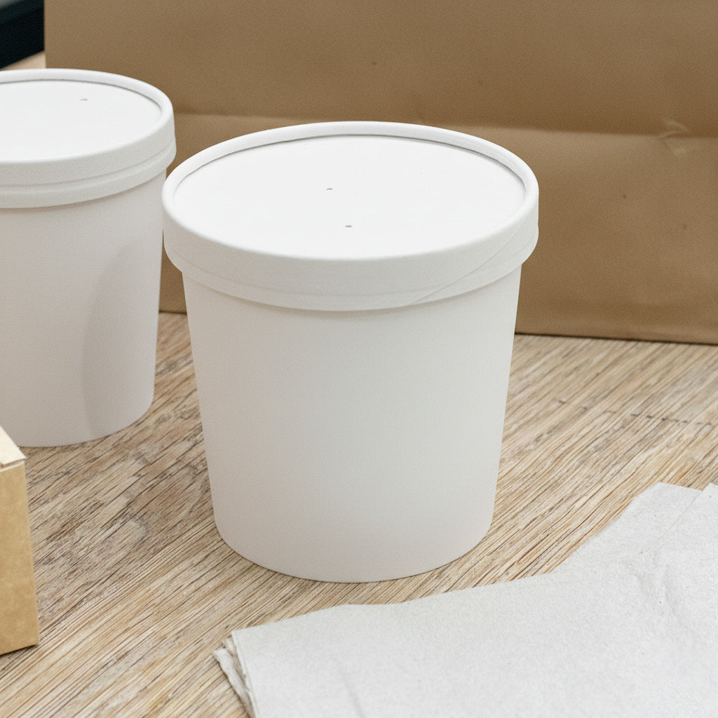 White paper soup cup and matching lid – fit detail