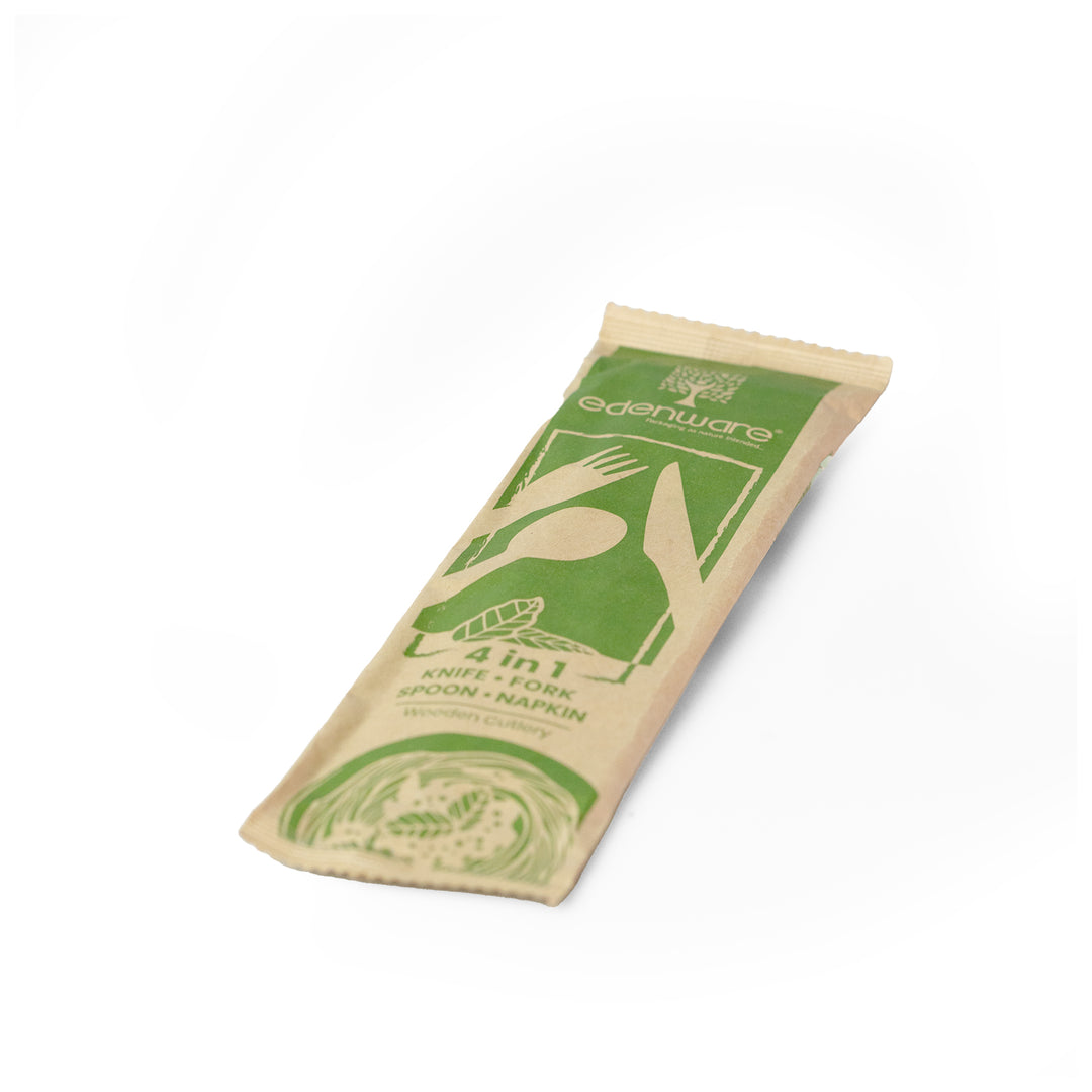 Packaging Wise wooden cutlery set (knife, fork, spoon, napkin) — complete, eco-friendly solution, sold as 1 pack of 500 pieces. Perfect for sustainable catering, events, and takeaway meals. Order now!
