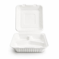 9" x 9" White Bagasse Clamshell Box 3 Compartments (1 x 200)