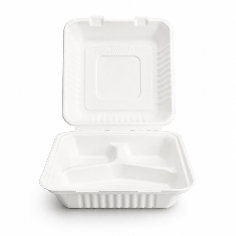 9" x 9" White Bagasse Clamshell Box 3 Compartments (1 x 200)