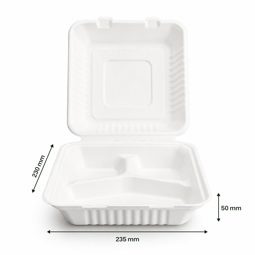 9" x 9" White Bagasse Clamshell Box 3 Compartments (1 x 200)