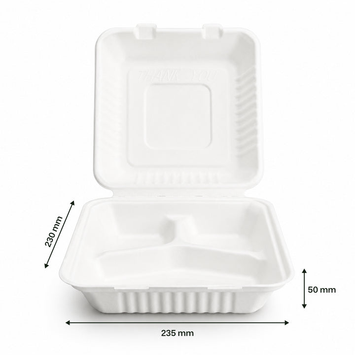 9" x 9" White Bagasse Clamshell Box 3 Compartments (1 x 200)