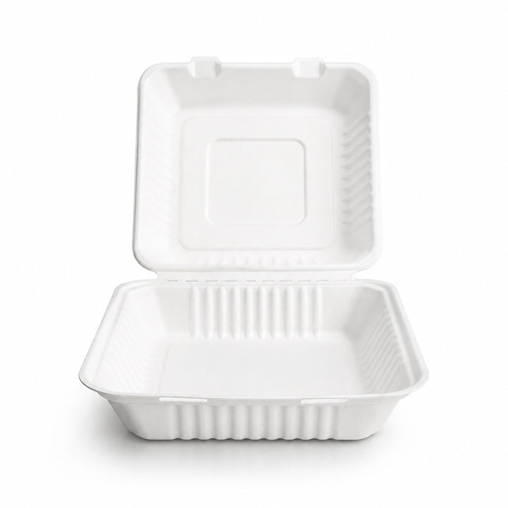 9" x 9" White Bagasse Clamshell Box (1 x 250)
