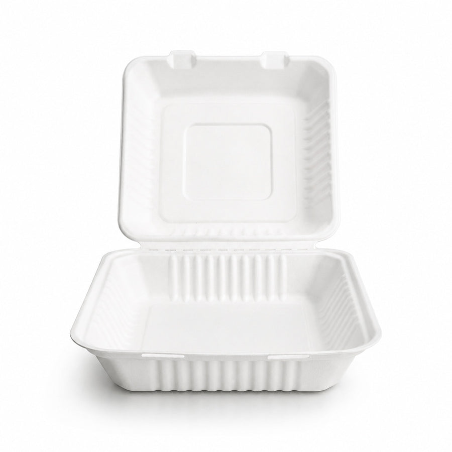 9" x 9" White Bagasse Clamshell Box (1 x 250)