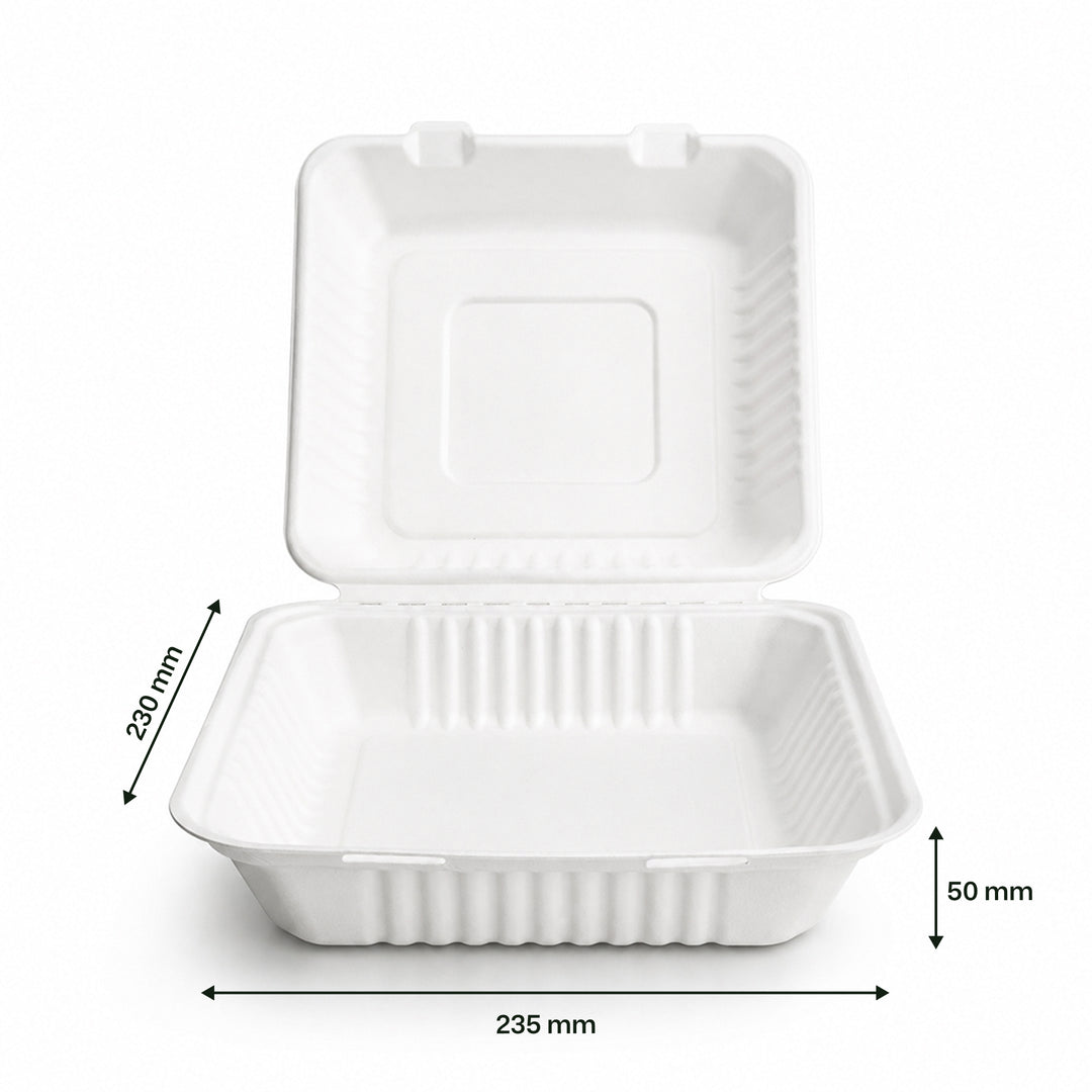 9" x 9" White Bagasse Clamshell Box (1 x 250)