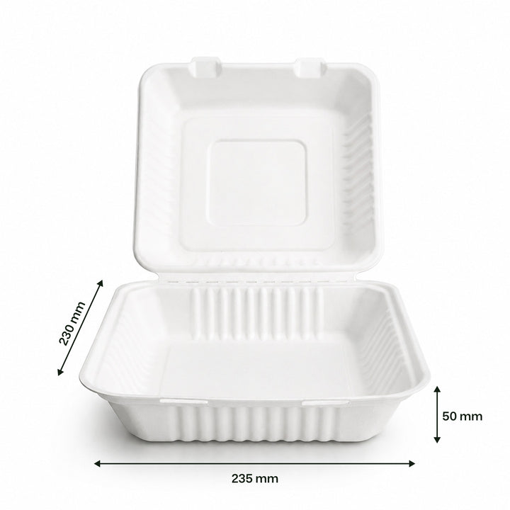 9" x 9" White Bagasse Clamshell Box (1 x 250)