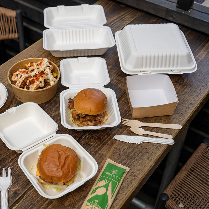 9" x 9" White Bagasse Clamshell Box (1 x 250)