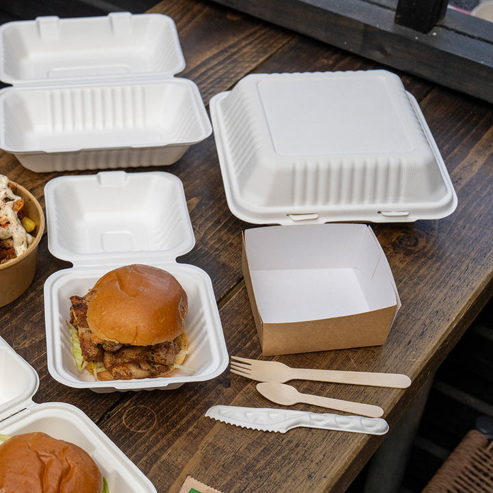9" x 9" White Bagasse Clamshell Box (1 x 250)
