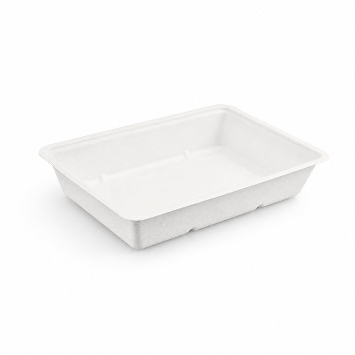 8" x 5.7" White Bagasse Food Tray (1 x 500)