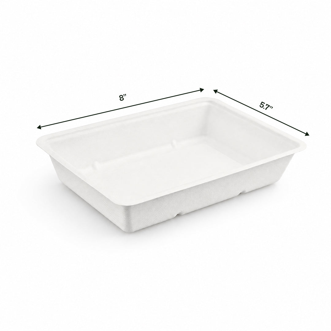 8" x 5.7" White Bagasse Food Tray (1 x 500)